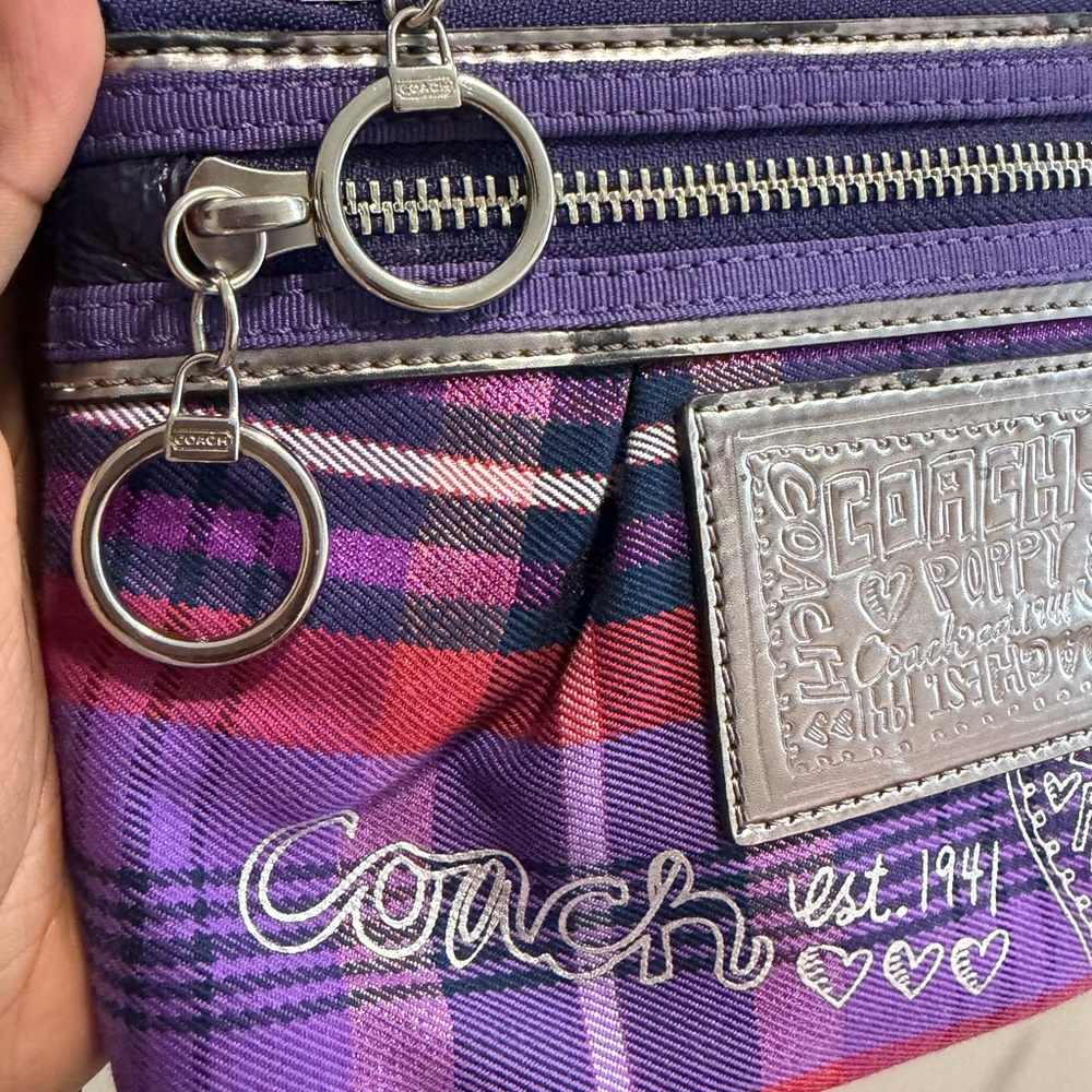 Coach Purple Plaid Graphic Zip Wristlet - Picture 2 of 3